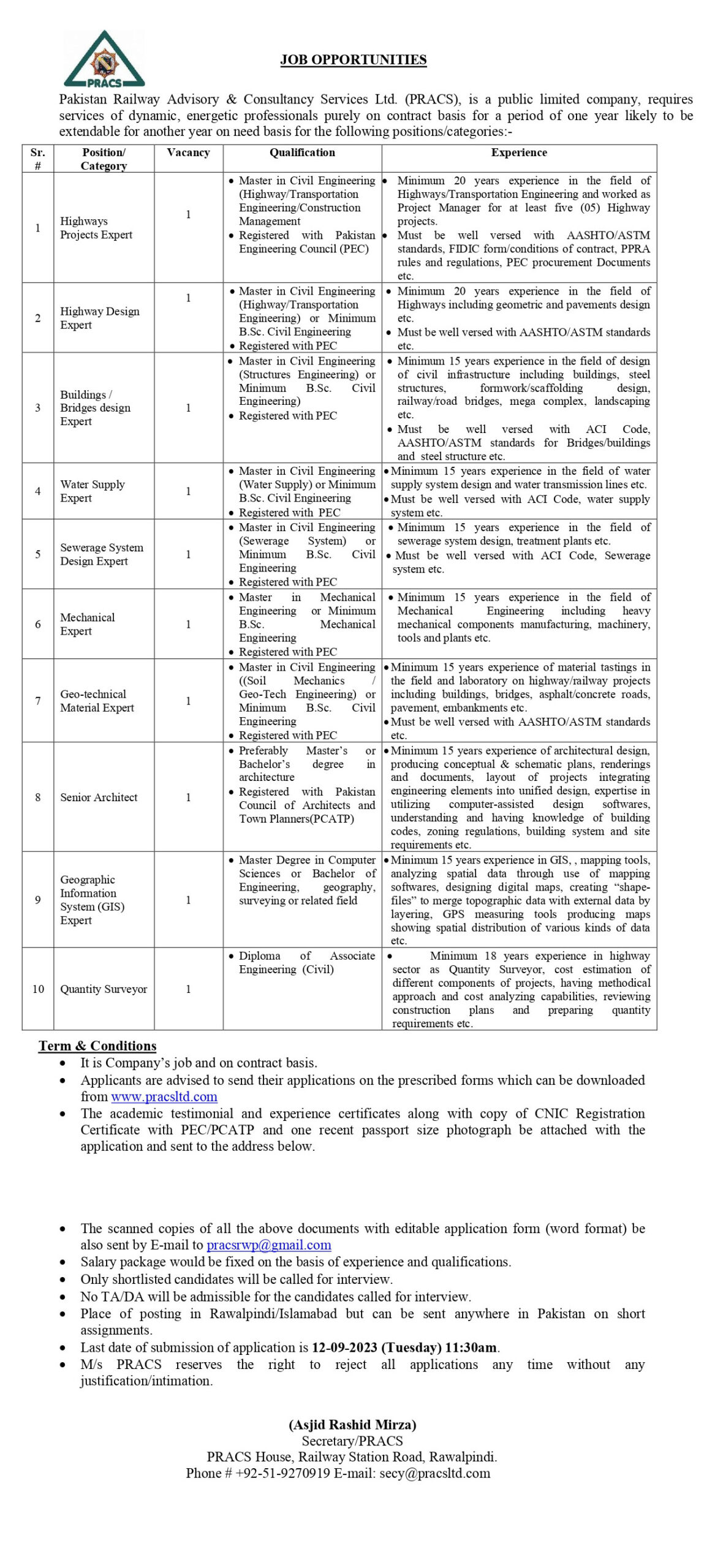 Pakistan Railway Advisory and Consultancy Services Jobs 2023