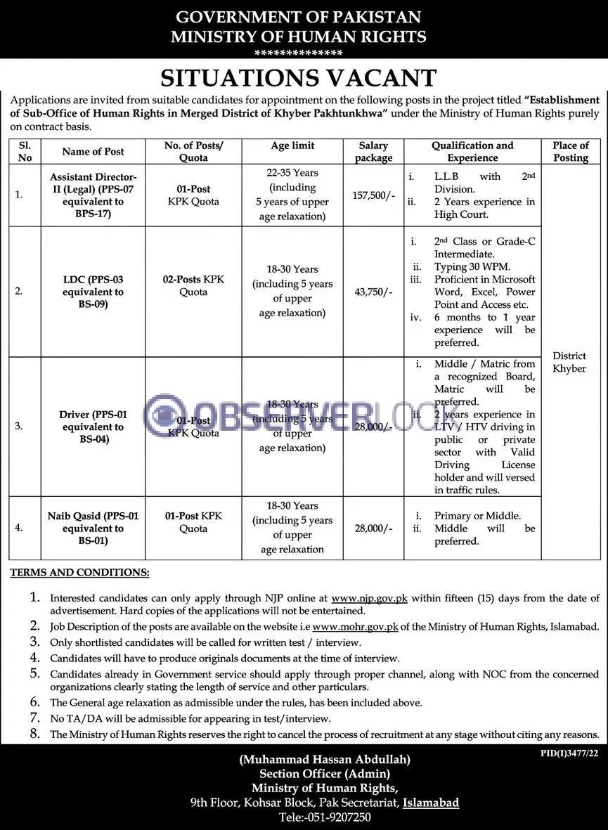 Ministry of Human Rights MOHR Latest Jobs 2022 Apply Online