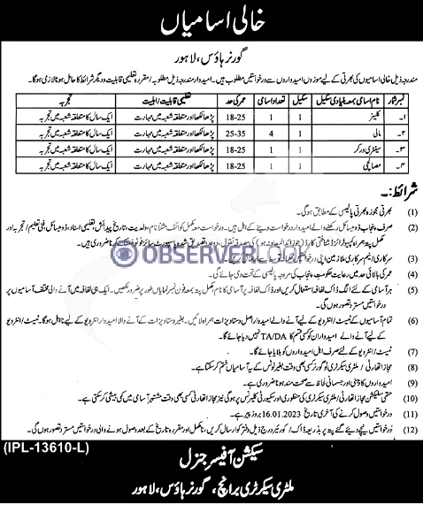 Governor House Lahore Jobs 2023 Latest Govt Jobs in Punjab
