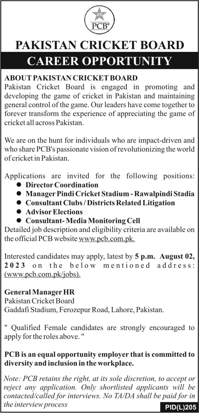 Latest Pakistan Cricket Board Jobs 2023